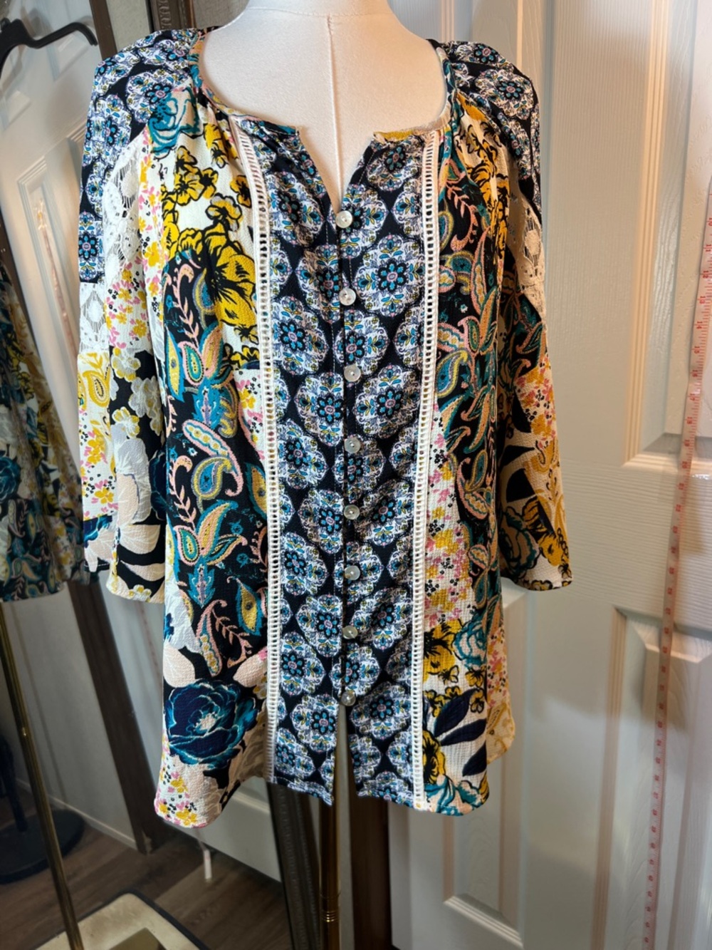 Floral Patchwork Button-Front Blouse in Navy, Teal & Yellow